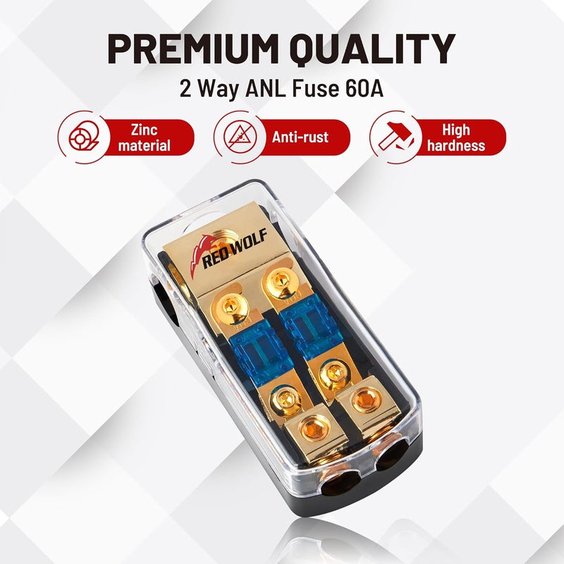 RED WOLF 2 Way Mini ANL Fuse Holder 60A 0/2/4 Gauge Input 4/8 Gauge Output Fuse Distribution Block for Car Boat Trolling Motor Marine Audio Amplifier Stereo Video System - Image 3
